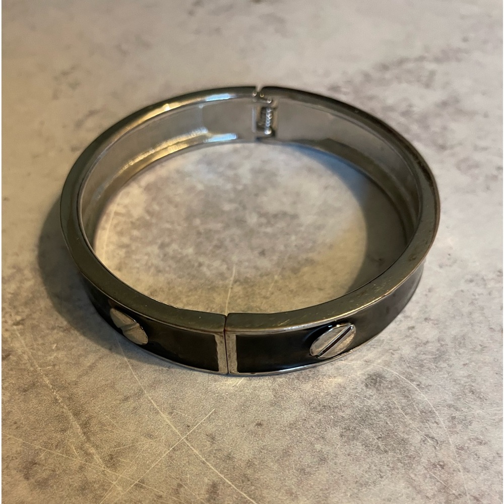 Vintage Silver Tone And Black Detail Hinged Bracelet Jewelry